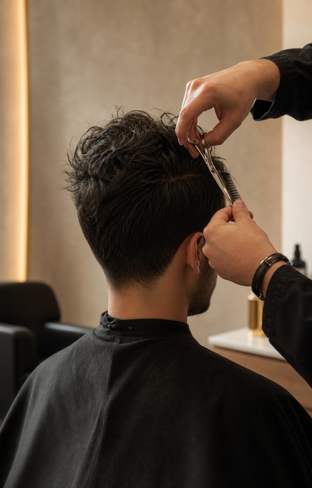 Corte masculino feito com tesoura e pente em salão